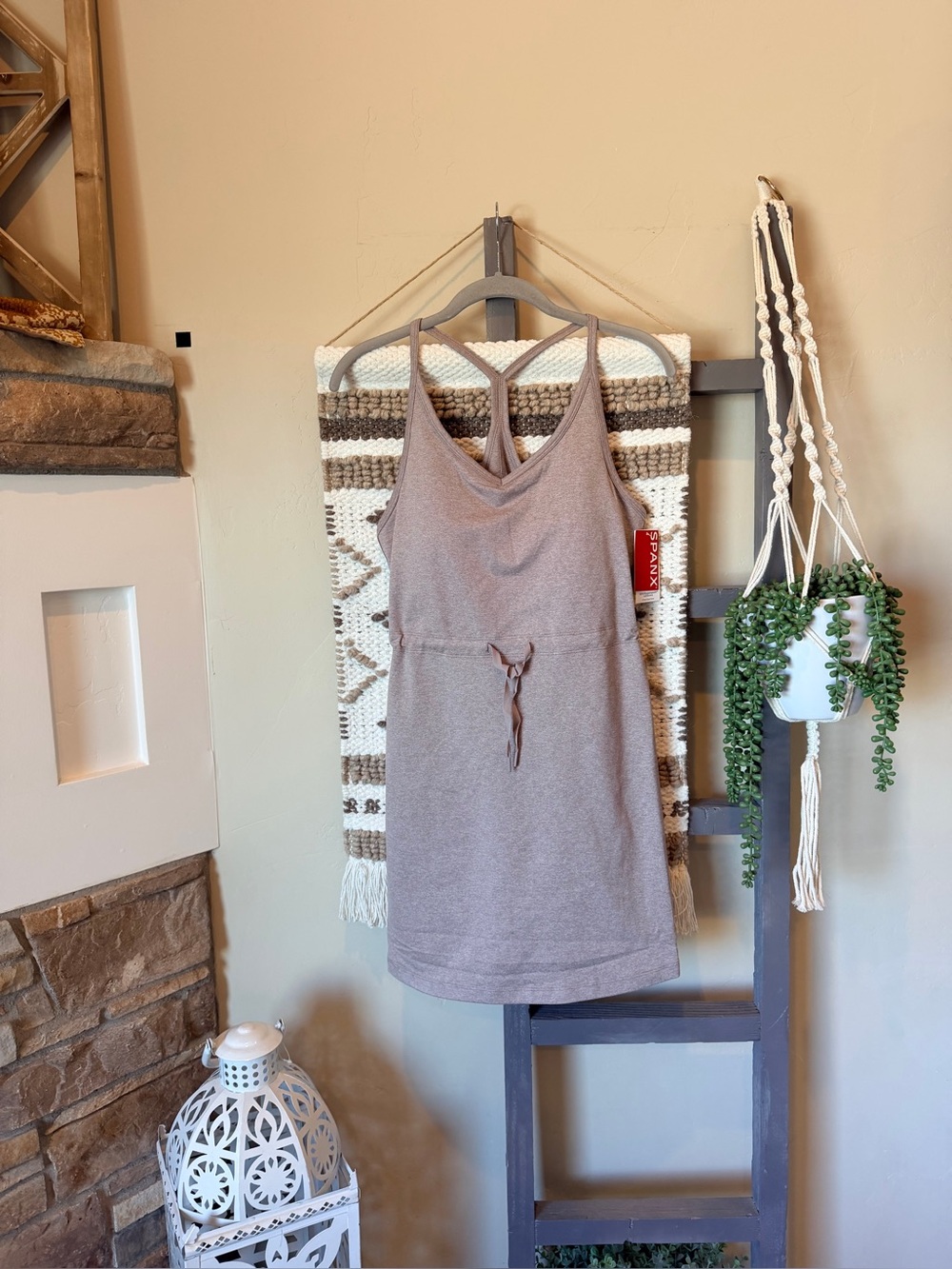 New- SPANX Softstretch V-neck Tank Dress Built In Shorts Coastal Fog Size L #100